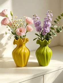 2Pcs/1Pc Wave Rim Vertical Ribbed Resin Planter - Light Luxury Ruffled Edge Flower Vase, Nordic Garden & Patio Decor | Home Decor, Room Decor, Boho Decor, Desk Decor, Vintage Decor, Unique Gift, Table Centerpiece, Housewarming Gift - New Model - View 3