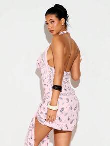 KIZN Vestido corto de mujer con estampado de paisley rosa, cuello halter, detalle de lazo y bajo asimétrico, para fiestas de verano y ocasiones casuales - Rosa Pálido - Ver 2
