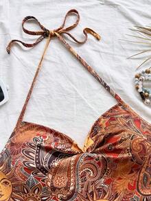 Nuevo atuendo casual de vacaciones, boda en la playa, invitado de boda, graduación, brunch, Día de San Patricio, vacaciones de primavera, Pascua, festival de música, elegante, bohemio, tropical, blusa de atar al cuello con espalda anudada, camiseta - Marrón - Ver 7