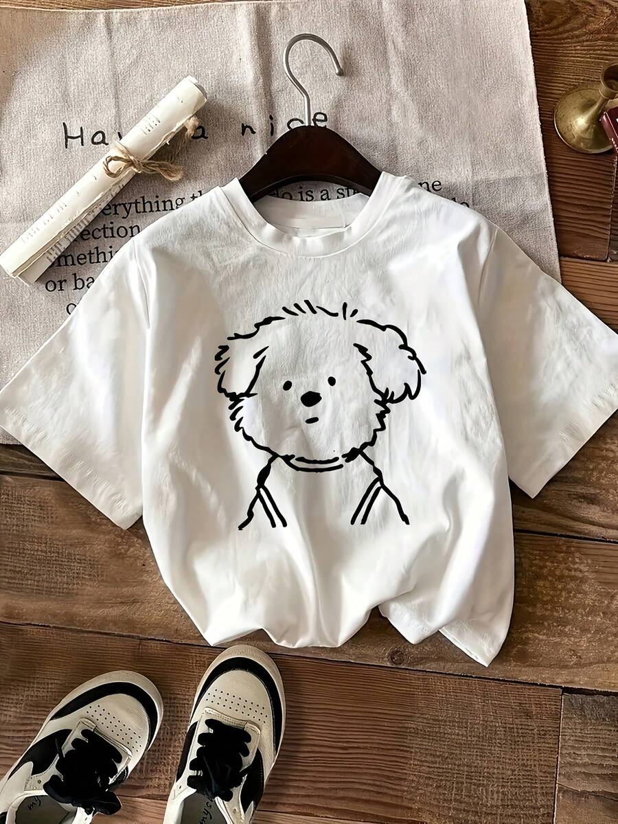 Women's Essential Casual T-Shirt With Cartoon Print, Round Neck, Short Sleeve, Soft Cotton Casual Sports T-Shirt For Everyday Wear - 白色 - 查看 1