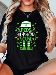 100% Cotton Women's Cotton T-Shirt, PEDS Pediatric Nurse T-Shirt, St. Patrick's Day T-Shirt, Cute Women's T-Shirts - 黑色 - 查看 1