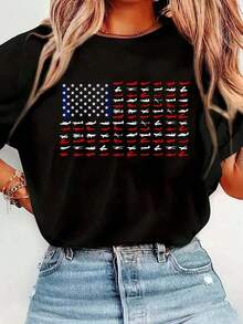 100% Cotton US Flag Print Airplane T-Shirt - Casual Short Sleeve Crew Neck T-Shirt For Airline Pilots, Aviation And Airplane Lovers, Women's Spring And Summer Clothing - 黑色 - 查看 6