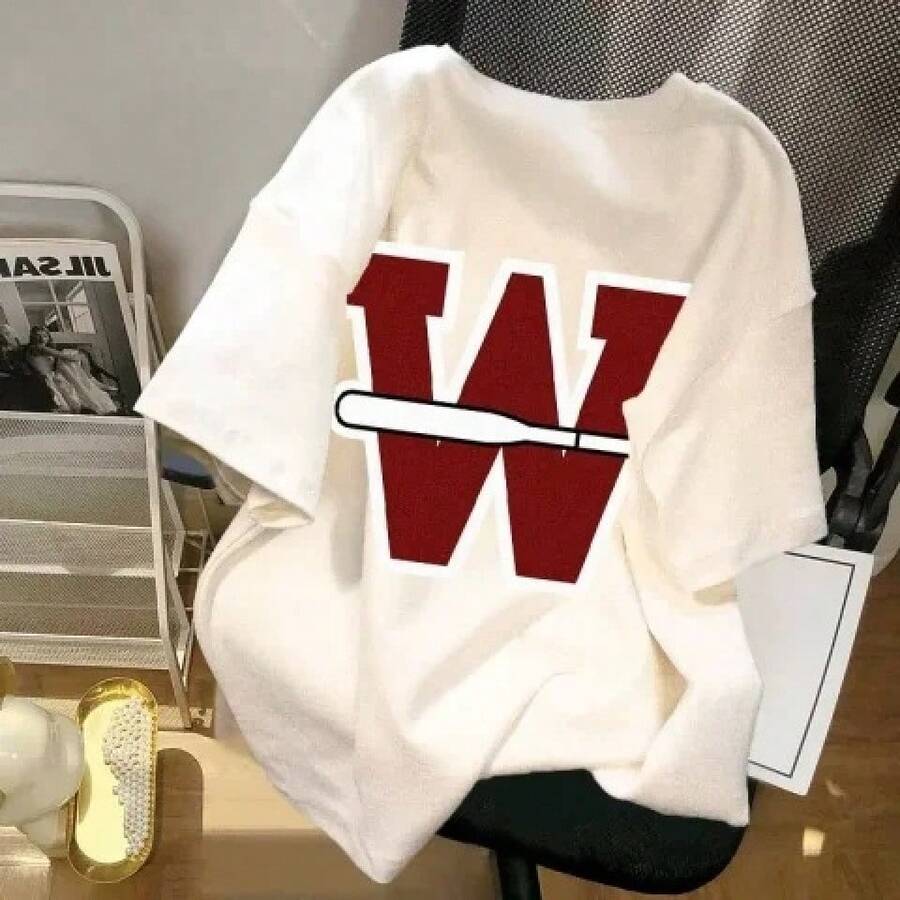 Camiseta con estampado de camisa casual para mujer, manga corta y cuello redondo, moda urbana local de primavera/verano. YO0H - 187 Letras Rojas [Tejido de Algodón Puro] - Ver 1