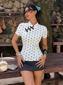 Blusa de cuello Mao de manga corta con cintura ceñida, estilo chino nuevo en color albaricoque, nuevo diseño de primavera/verano para mujer - Blanco y Negro - Ver 8