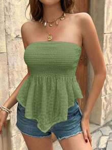 Frenchy Top asimétrico sin tirantes de tejido texturizado de color liso, adecuado para vacaciones de verano - Verde - Ver 3