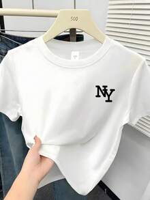 Camiseta blanca para mujer, camiseta de manga corta con lema simple en inglés, logotipo gráfico, cuello redondo casual, corte regular, tejido cómodo para todas las estaciones, adecuada para el uso diario, camiseta promocional de , elegante cami - Blanco - Ver 1