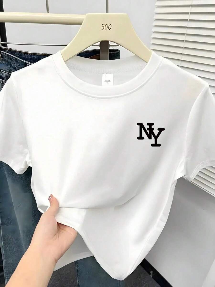 Camiseta blanca para mujer, camiseta de manga corta con lema simple en inglés, logotipo gráfico, cuello redondo casual, corte regular, tejido cómodo para todas las estaciones, adecuada para el uso diario, camiseta promocional de , elegante cami - Blanco - Ver 1