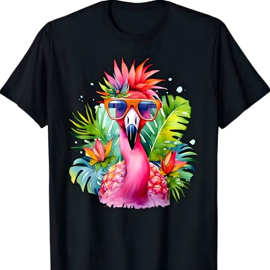 Camiseta de fiesta de flamenco rosa pájaro tropical con gafas de sol - Negro - Ver 1