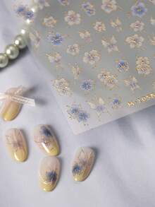 1 Sheet Embossed Gold Outline Flower Nail Stickers, Hot Stamping Blue Butterfly Nail Decals, Chic Elegant Nail Art Supplies - Multicolor - View 2