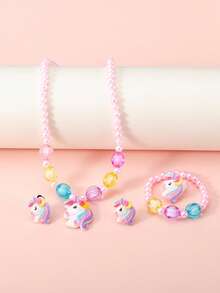 5pcs/Set Perhiasan Manik-Manik Unicorn Anak-Anak Kalung Gelang Jepit Telinga Cincin Aksesoris Kartun Lucu untuk Anak Perempuan - Satu-Ukuran - View 7