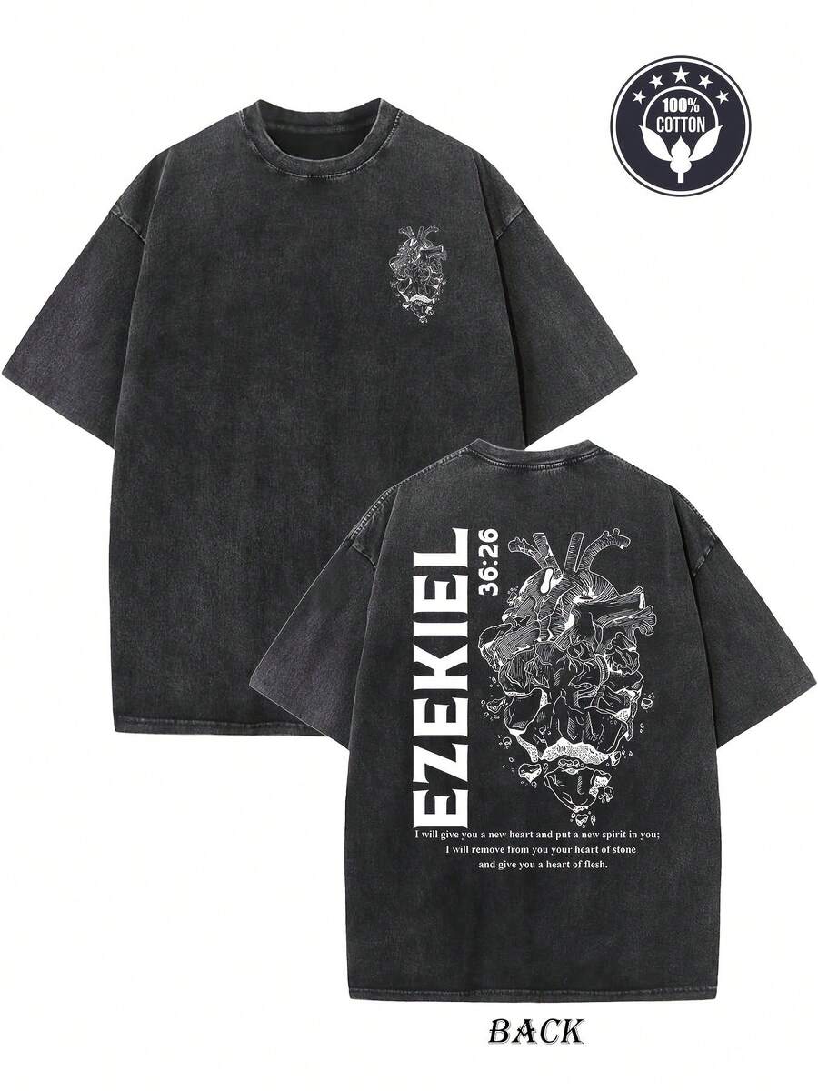 Camiseta vintage estampado creativo EZEKIEL estampada por ambos lados algodón puro 230g peso camiseta lavada camiseta de hombros camiseta urbana para hombre camiseta básica top holgado unisex estilo hip hop playeras de hombre camiseta de mujer nacional envio - Negro - Ver 1