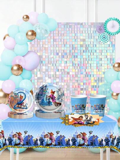 Disney 疯狂动物城主题派对餐具套装，包含盘子、杯子、餐巾纸和桌布的完整生日套装，适合主题庆祝活动，用这款一体式主题餐具套装将您的派对变成充满活力的疯狂动物城世界，旨在创造和谐沉浸式的用餐体验。