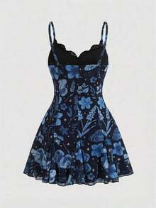 ROMWE Fairycore Vestido mini con tirantes finos, de corte holgado, con estampado floral bohemio, romántico y gótico para mujeres - Azul - Ver 2