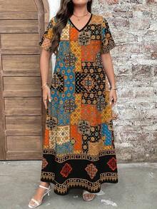 Plus Size Women's Retro Floral Print V-Neck Short Sleeve Maxi Dress, Elegant Summer Holiday Dresses - 彩色 - 查看 3