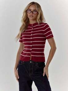 Suéter elegante de primavera, de punto acanalado con botones, de manga corta ajustada, cómodo y lindo, para uso casual, de club de café, de invierno, de fiesta de noche, de Día de San Valentín, de verano - Burdeos - Ver 5