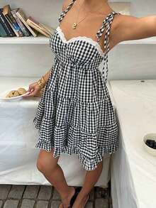Vestido de mujer retro francés de cuadros rojos con tirantes finos, nuevo diseño de primavera temprana con encaje, versátil, dulce y elegante con capas - Negro - Ver 3