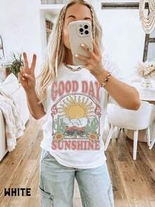 Women's Mexican-Style Short-Sleeve T-Shirt, Summer Tees, Fun Sun Print Tee, Sun Graphic Tee, Boho Tee, 70s Retro Style Tee, Hippie Tee, The Perfect Gift For A Wife, Sister, Daughter, Girlfriend, Or Someone You Love. Breathable And Moisture-Wicking Cotton, Suitable For Parties, Home, Everyday Wear, Sports, And Fitness.  Summer Cotton T-Shirt. - 白色 - 查看 1