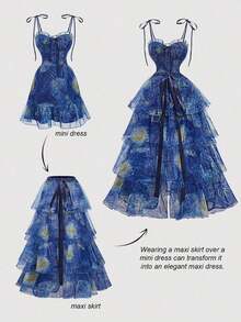 MOD Vestido largo con estampado de la pintura del Cielo Estrellado de Van Gogh en azul para mujeres, vestido de fiesta, conjunto de vestido de múltiples piezas, vestido floral para mujeres, vestidos elegantes para mujeres, vestido de tres usos, vestidos elegantes para fiestas, vestido de playa, vestidos de vacaciones para mujeres - Azul - Ver 2