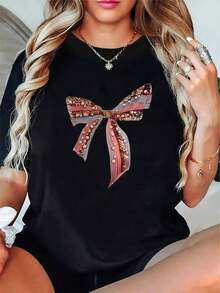 Camiseta Negra Premium para Mujer - Camiseta Suave para Uso Diario con Elegante Lazo Decorativo, Cuello Redondo y Manga Corta para Mujer, Camisa Casual para Todas las Temporadas para Oficina, Salidas, Ocio - Prenda Básica Minimalista y Elegante para el Guardarropa, Ropa para Salidas, Camiseta con Patrón Geométrico, Ajuste Cómodo y Ecológico - Negro - Ver 7