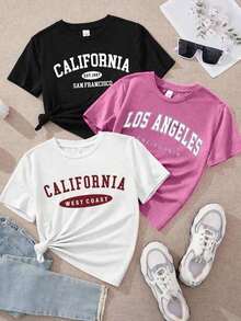 Pack 3 camisetas estampadas mujer corte recto manga corta cuello redondo tshirt playera dama Los Ángeles California San Francisco ciudades letras(Sweet style, retro style, unisex) - Blanco - Ver 6