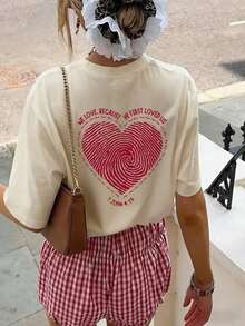 Mexican Basic Women's Summer Short Sleeve T-Shirt With Heart Print And Minimalist Lettering, Loose Fit And Versatile, Crew Neck, In Beige. Stylish And Suitable For Everyday Wear, As Well As Creating A Valentine's Day Atmosphere. New Release - 杏色 - 查看 6