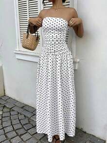 Vestido con estampado de lunares y volantes sin tirantes de moda, adecuado para vacaciones - Multicolor 11 - Ver 11