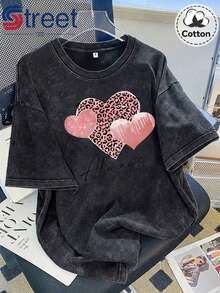 1 Piece Of Summer Vintage Style Washed Cotton Short Sleeve T-Shirt, American Style Leopard Print And Glitter Heart With The Phrase "Love Always", Plus Size Top For Women, Loose Fit With Dropped Shoulders And Round Neck, Oversized Style, Comfortable And Fashionable, Versatile For Everyday Wear, Y2K Style Washed Cotton T-Shirt For Women, 180g 100% Cotton. - 黑色 - 查看 4