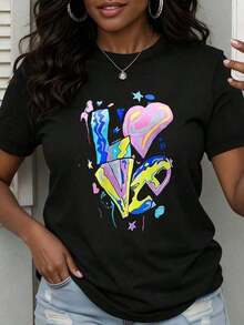 Camiseta de manga corta con estampado de graffiti de amor colorido para mujer, top casual de manga corta, camiseta gráfica de moda, ropa de verano, atuendo de estilo urbano, informal. - Negro - Ver 7