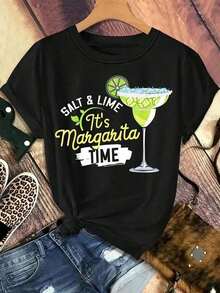 Women's T-Shirt With A Margarita Moment Design, Made Of 100% Cotton. Features A Round Neck And Short Sleeves. A Casual Style Perfect For Summer, The Beach, And Parties. The Design Includes A Margarita Cocktail With A Salt Shaker And A Lemon. Comfortable To Wear Year-Round And Ideal For Themed Events And Casual Wear. - 黑色 - 查看 6
