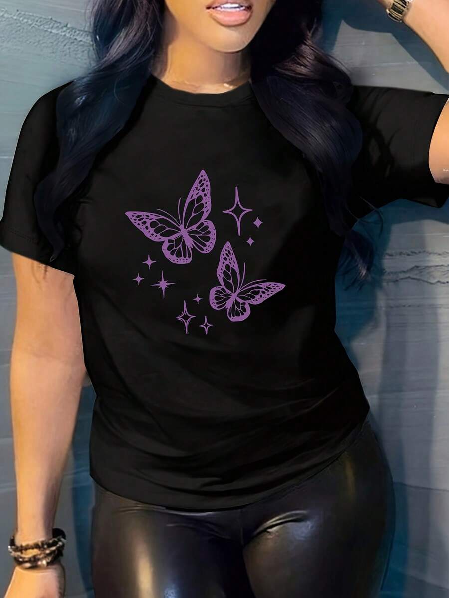 Butterfly Print T-Shirt - Soft Stretch Short Sleeve, Casual Sport Top, Comfortable Fit, Women's Tee Women's Clothing - 黑色 - 查看 1