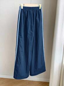 Pantalones de chándal casuales y holgados con cintura elástica y rayas laterales marrones para mujer - Niebla azul - Ver 6
