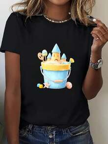 Camiseta Oversize para Mujer Talla, 200gsm de Peso, Cuello Redondo y Corte Holgado% Algodón - Estampo Divertido con Helados e Icespopsesasositos Suaves Transpiroables Camisa Casual Diaria Comodidad Todo-Tiempo Lavable a Maquina - Negro - Ver 2