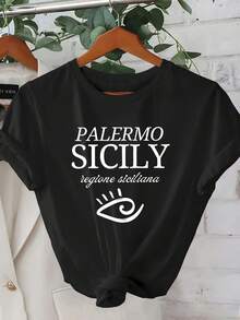 ¡Oferta por tiempo limitado, unidades limitadas,  relámpago! Camisas casuales para mujer, camisetas de poliéster para mujer, camisas elegantes.Camiseta de verano de manga corta para mujer, 1 pieza - Diseño gráfico geométrico 2D con patrón de monumento y ojo de Palermo, Sicilia, estilo urbano de moda |   Diseño juvenil |   Ajuste cómodo, ropa bonita - Negro - Ver 7