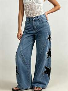 Women's Jeans With Pockets Stylish Mid Rise Casual Star Patch Wide Leg Denim Pants - Blue - View 1