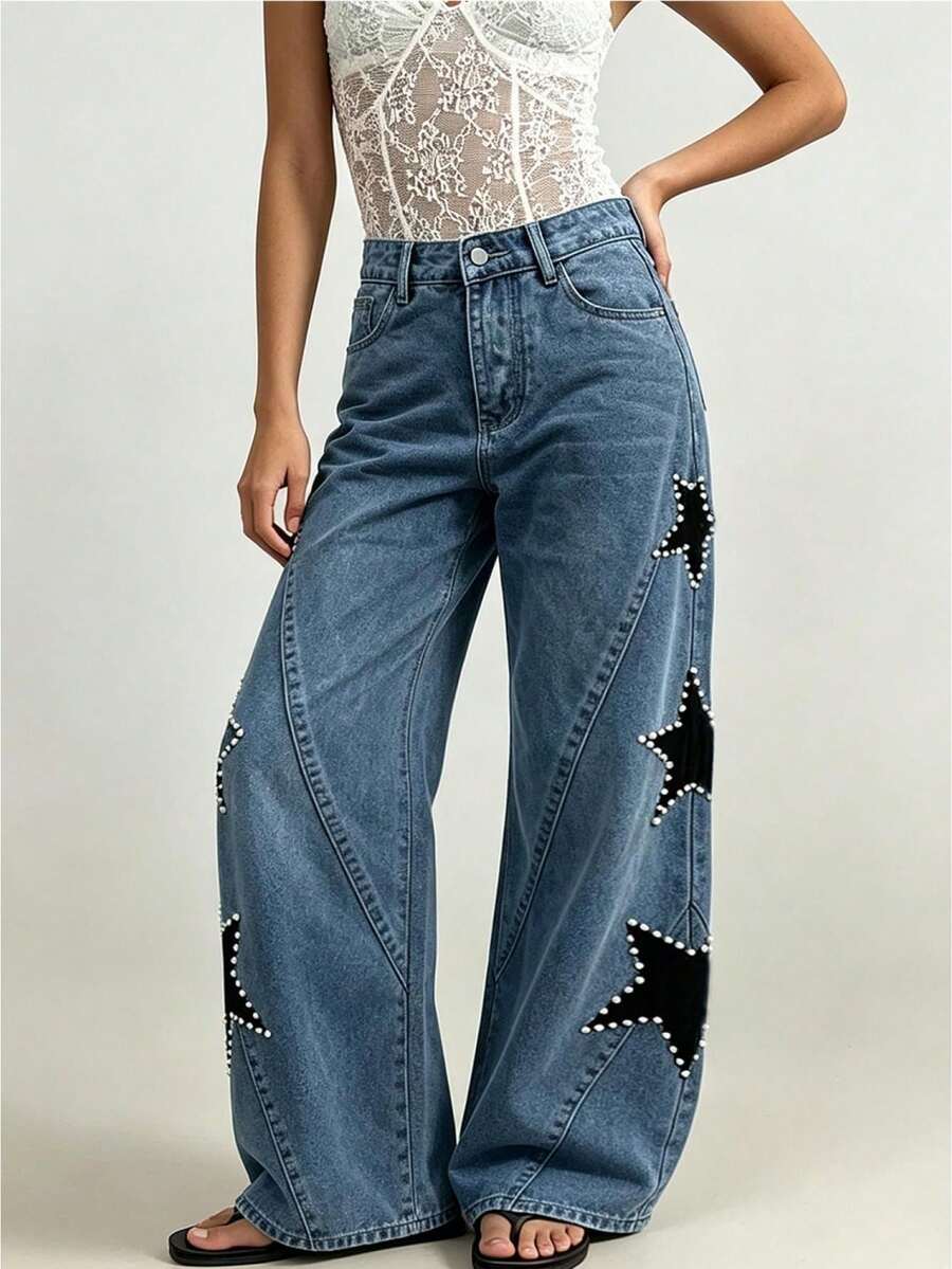 Women's Jeans With Pockets Stylish Mid Rise Casual Star Patch Wide Leg Denim Pants - Blue - View 1