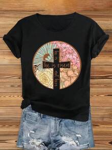 Women's Short Sleeve T-Shirt - Round Neck, Easter Religious Design "He Is Risen", Print, Spring Casual Wear, Machine Washable, Circle Fit - Black - View 1