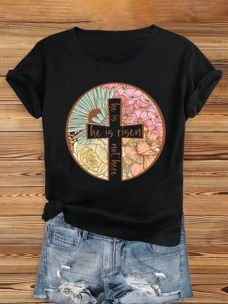 Women's Short Sleeve T-Shirt - Round Neck, Easter Religious Design "He Is Risen", Print, Spring Casual Wear, Machine Washable, Circle Fit - Black - View 1