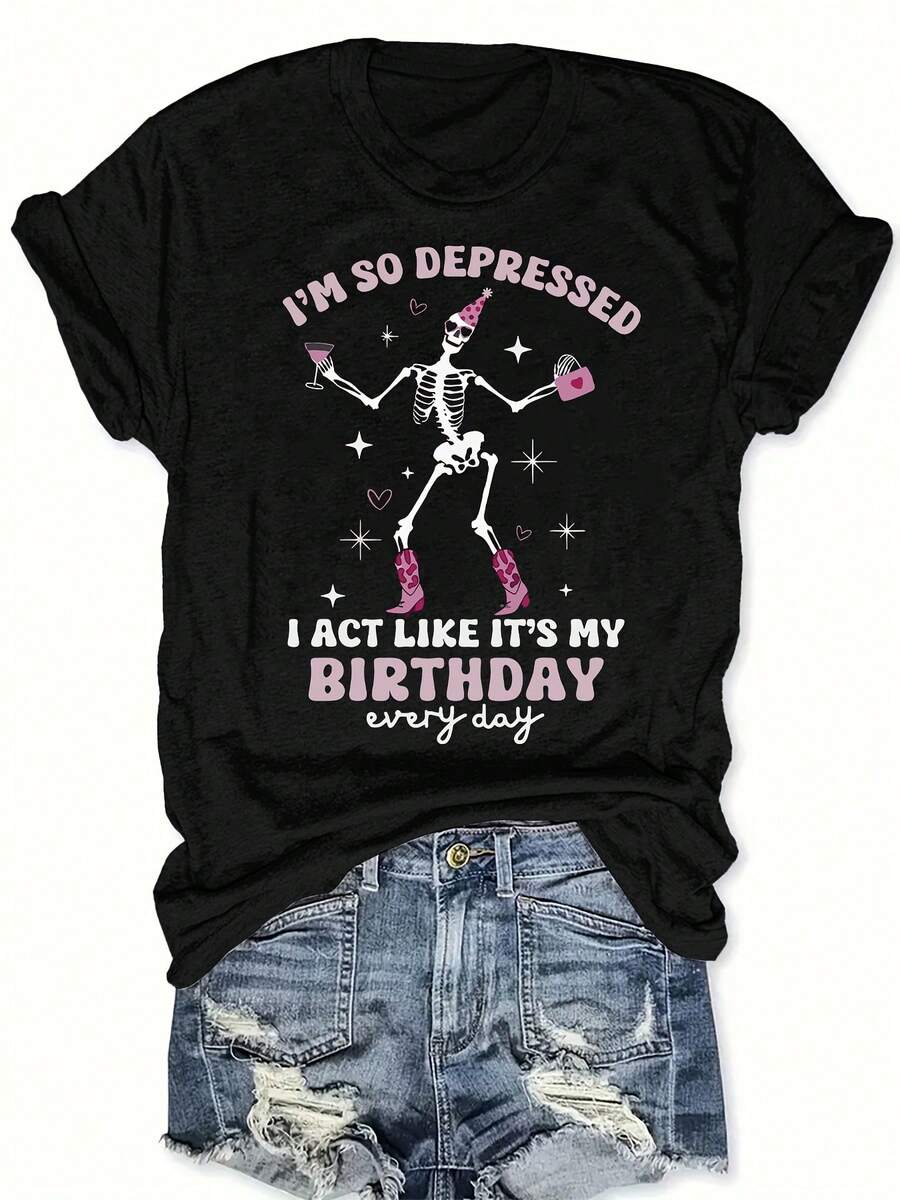 Women's Casual Short-Sleeve T-Shirt With Cartoon Skeleton Graphic, 100% Cotton Knit Fabric, Regular Length, All-Season Tops - 黑色 - 查看 1
