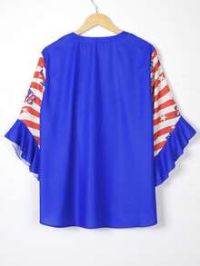 Plus Size Women V-Neck Ruffle Sleeve Blouse - Blue - View 3