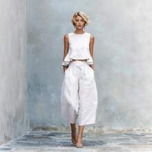 Women's Linen-Blend Two-Piece Outfit, Sleeveless Peplum Crop Top & High Waist Cropped Wide Leg Pants - 橘紅色 - 查看 2