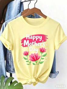 Women's Short-Sleeved T-Shirt With A "Happy Mother's Day" Floral Print, Round Neck, Machine Washable, Soft To The Touch, Breathable, And Suitable For Spring, Summer, And Fall. Warm, Personalized, Casual, Easy To Match, And Perfect For Everyday Wear. Available In Sizes S-XXL. Suitable For Mother's Day Celebrations, Family Outings, And Other Occasions. - 黃色 - 查看 4