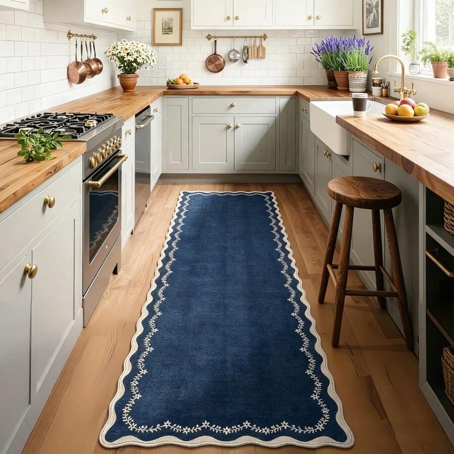 1 Stück marineblauer, wellenförmiger Teppich, waschbar & faltbar, bohemischer Blumenteppich, geeignet für Küche, Flur, Bad, Schlafzimmer, Wohnzimmer, Küche, Korridor, Eingangsbereich, Waschküche und andere Heimdekoration - marineblau - Übersicht 1