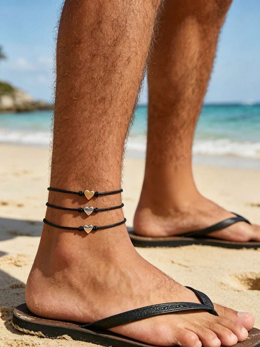 3pcs Minimalist Heart Pendant Anklet Set For Men, Suitable For Daily Wear, Beach, Vacation, Summer Accessories - Black - View 1