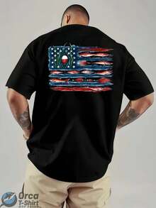 American Flag And Fish Print Short-Sleeve T-Shirt Featuring A Design That Combines The American Flag With Fishing Elements. Suitable For Outdoor Fishi - 黑色 - 查看 4