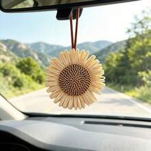 1 pieza Decoración de espejo retrovisor de coche o accesorio para bolso de estilo bohemio de verano, tejido de ratán PP con girasol - Adorno de girasol - Ver 1