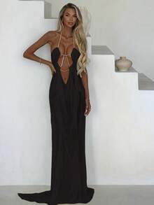 Halter Dress With Sheer Mesh Back, Open Back, Beach Vacation Style - Black - View 2