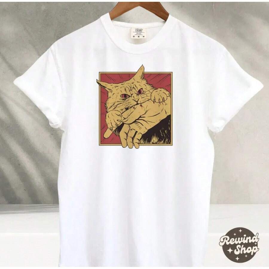 Vintage Retro Cat Bite Print T-Shirt, Japanese Horror Anime T-Shirt, Retro Print T-Shirt, Horror Cat T-Shirt, Crazy Cat T-Shirt, Unisex Cool Print T-Shirt, Fashion. - 白色 - 查看 1