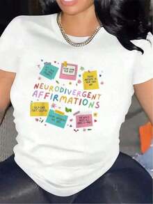 Women's Black And White Polyester T-Shirt With Neurodivergent Affirmation Design - "You Are Not Alone" And "You Are Enough" Messages, Comfortable And Durable Fabric, Perfect For Casual Or Work Environments, Casual Wear | Eye-Catching Graphic Tee | Medium Stretch Fabric, Loose And Comfortable 100% Cotton Blouses - 白色的 - 查看 1