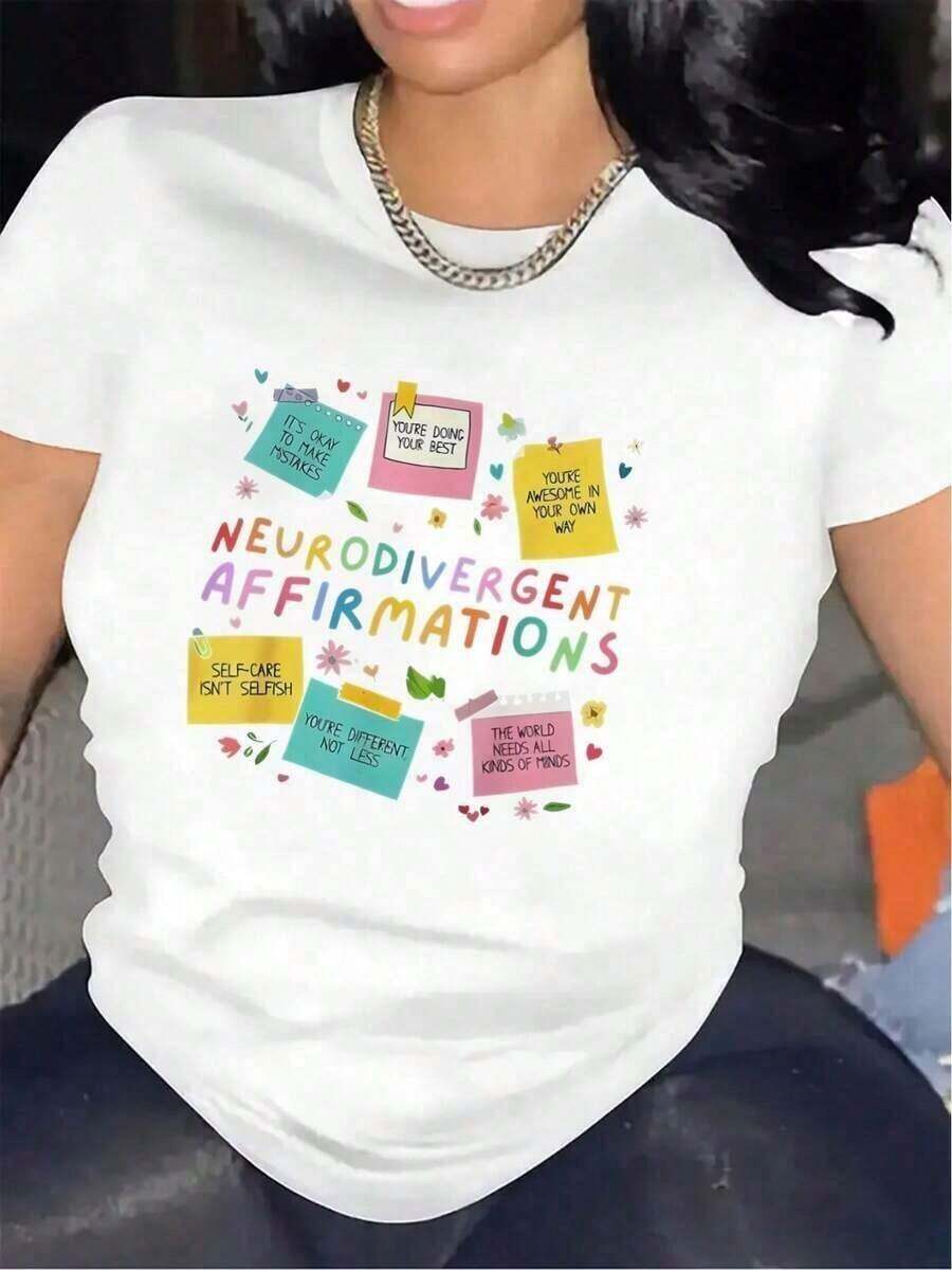 Women's Black And White Polyester T-Shirt With Neurodivergent Affirmation Design - "You Are Not Alone" And "You Are Enough" Messages, Comfortable And Durable Fabric, Perfect For Casual Or Work Environments, Casual Wear | Eye-Catching Graphic Tee | Medium Stretch Fabric, Loose And Comfortable 100% Cotton Blouses - 白色的 - 查看 1