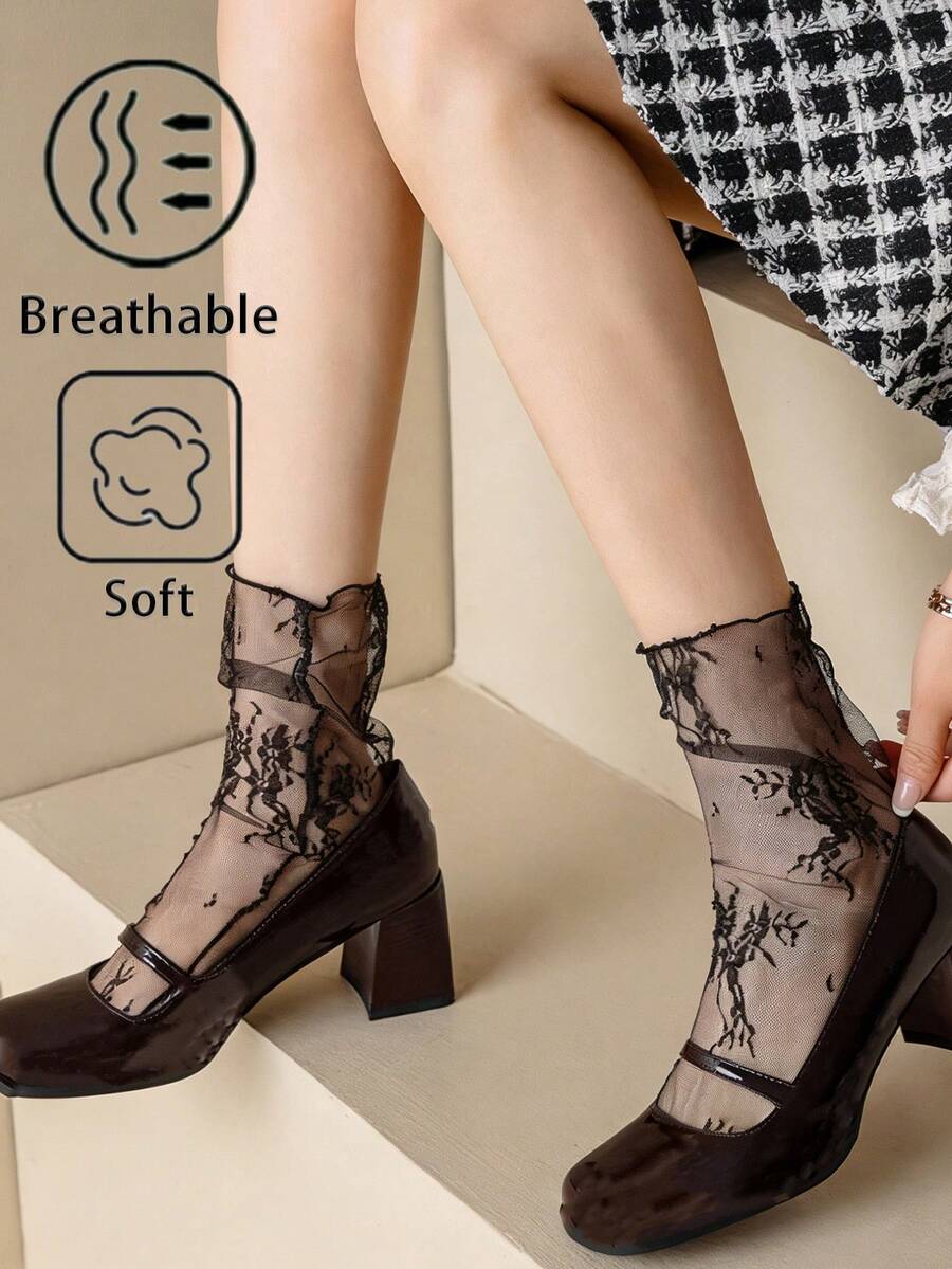 1 Pair Women's Black Lace Floral Mesh Ankle Socks | Ruffle Trim Stacked Design | Gothic Lolita Vintage Romantic Style | Perfect For Mary Jane Shoes & Lolita Outfits - Multicolor - View 1